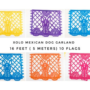May include: A colorful Mexican dog garland with ten flags featuring a Xoloitzcuintli dog design. The garland is 16 feet long and is made of paper.