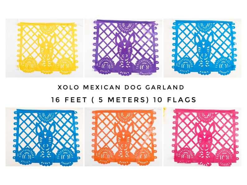 May include: A colorful Mexican dog garland with ten flags featuring a Xoloitzcuintli dog design. The garland is 16 feet long and is made of paper.