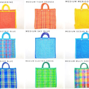 May include: A collection of nine medium-sized square tote bags with dual handles, featuring various woven patterns and colors including tangerine, tiger orange, marigold, electric blue, sky blue, ocean blue, indigo blue, electric green, and multi-green.