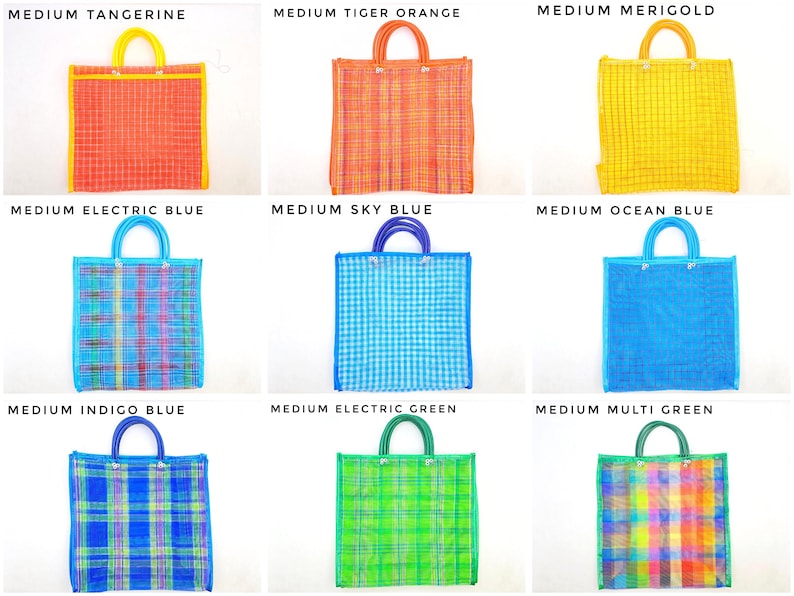 May include: A collection of nine medium-sized square tote bags with dual handles, featuring various woven patterns and colors including tangerine, tiger orange, marigold, electric blue, sky blue, ocean blue, indigo blue, electric green, and multi-green.
