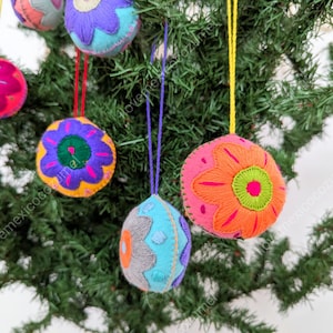 Set of 3 Mexican Embroidered Christmas Ornaments: Handmade Spheres