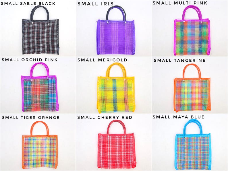 May include: A collection of nine small tote bags in various colors including sable black, iris, multi pink, orchid pink, merigold, tangerine, tiger orange, cherry red, and maya blue. Each bag features a plaid pattern and two top handles.