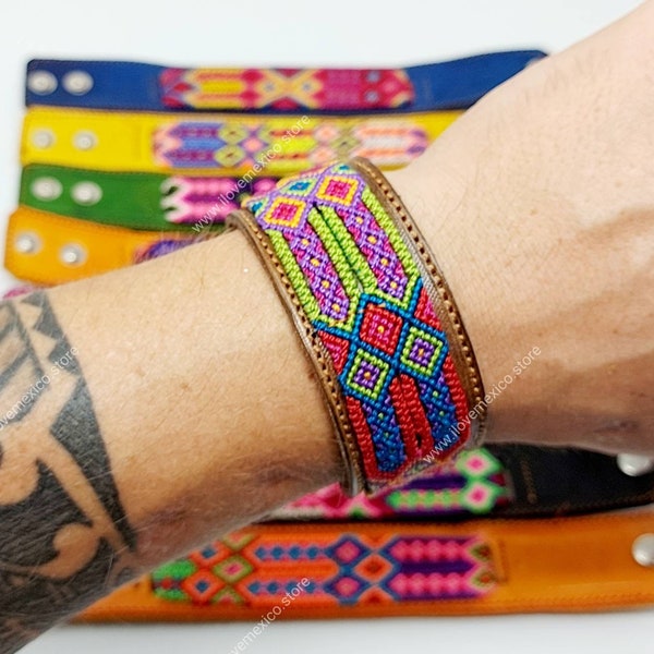 Mexican 1 inch wide leather friendship bracelet / Traditional Mexican hand woven bracelets /
