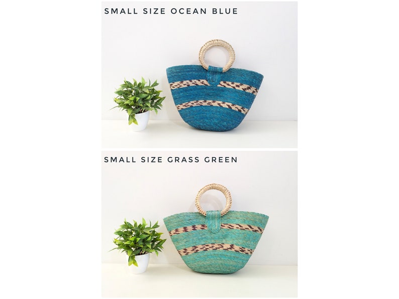May include: Two small woven bags with round handles. The top bag is ocean blue with horizontal brown and tan patterned stripes. The bottom bag is grass green with similar horizontal brown and tan patterned stripes. Both bags feature text labels.