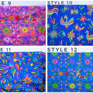 May include: Four fabric swatches labeled Style 9, 10, 11, and 12. Style 9 has a pink background with colorful floral and bird patterns. Style 10, 11, and 12 feature blue backgrounds with vibrant, multi-colored illustrations of birds, flowers, and animals.
