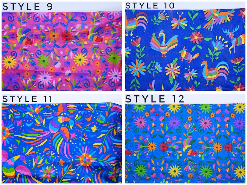 May include: Four fabric swatches labeled Style 9, 10, 11, and 12. Style 9 has a pink background with colorful floral and bird patterns. Style 10, 11, and 12 feature blue backgrounds with vibrant, multi-colored illustrations of birds, flowers, and animals.