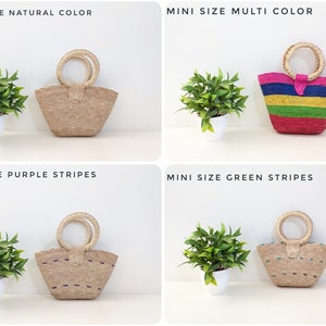 May include: Four mini size bags with round handles. One is natural tan, one has multi-colored horizontal stripes, one has purple horizontal stripes, and one has green horizontal stripes. Each bag is shown next to a small green plant in a white pot.