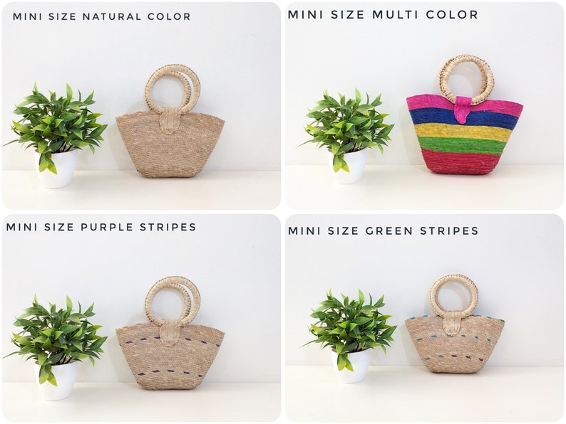May include: Four mini size bags with round handles. One is natural tan, one has multi-colored horizontal stripes, one has purple horizontal stripes, and one has green horizontal stripes. Each bag is shown next to a small green plant in a white pot.