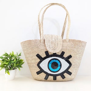 Straw beach bag with evil eye sequin patch / market straw bag / mexican tote bag / summer bag / farmer's market bag /