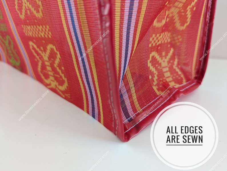May include: A red woven plastic bag featuring a repeating yellow butterfly pattern and vertical stripes in blue, purple, and white. The bag has reinforced red stitched edges and a circular white graphic with the text ALL EDGES ARE SEWN.