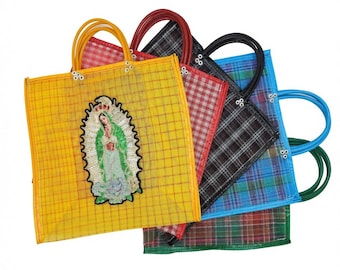 Plastic tote with Virgen Mary patch / reusable grocery bag / mexican sequin bag
