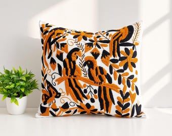 Embroidered Mexican Pillow Cover with birds and plants two tone cushion cover