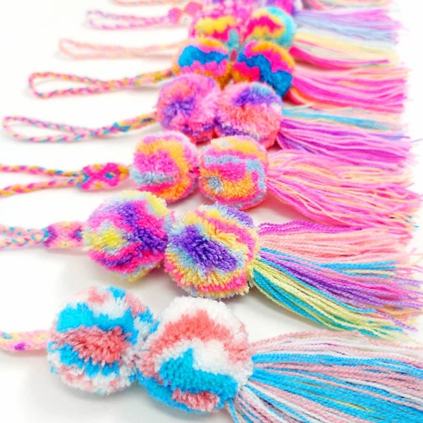 multi colored boho bag tassels / multi colored beach bag tassels / multi color pompoms / tie dye pompoms