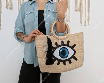 Bolso tote de paja bohemio hecho a mano: parche de lentejuelas de ojo malvado y borlas