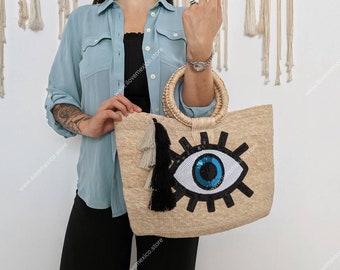 Boho straw bag with evil eye sequin patch / handmade market straw bag / mexican tote bag / summer bag / farmer's market bag /