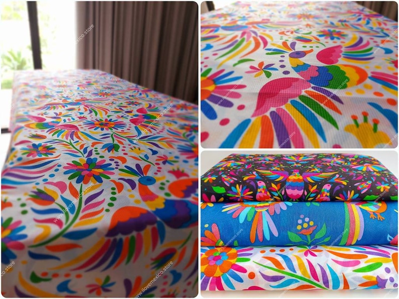 May include: A collection of fabric featuring vibrant, multi-colored patterns of birds and flowers. The designs are printed on white, blue, and black backgrounds, showcasing intricate, repeating motifs in bright shades of pink, yellow, and green.