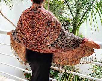 Mexican rebozo / Mexican scarf / aztec pashmina / colorful mexican shawl / aztec calendar scarf