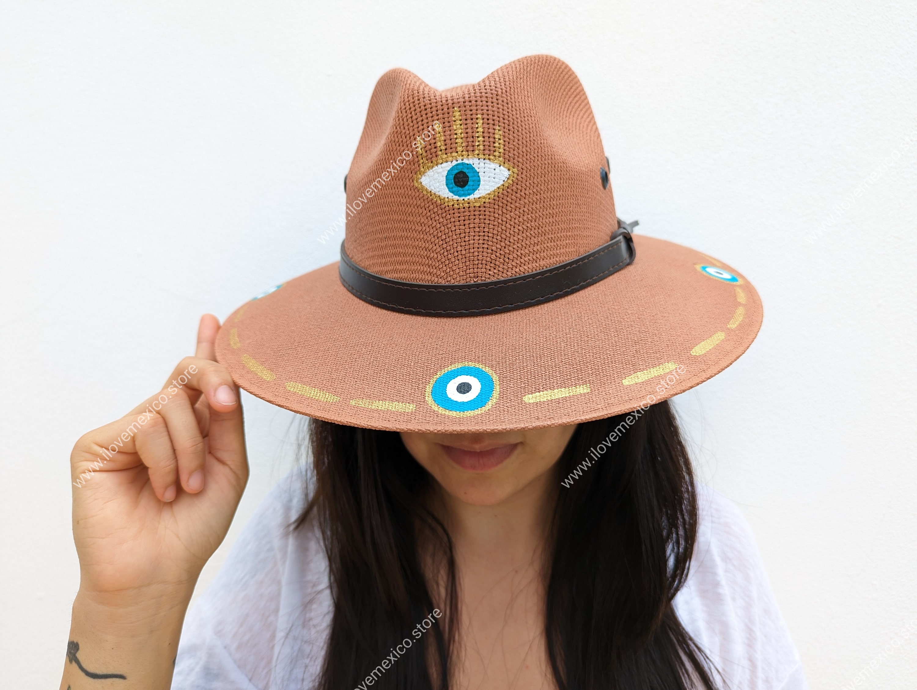 HAT MEXICAN Artisanal Hand Painted Fedora Evil Eye Mal De‎ Ojo HUNTER Brand Perla Negra - Black Panama Boater Hat | Handwoven Toquilla  main image 4