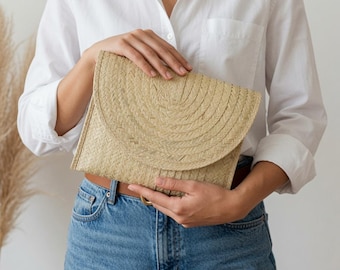 Mexican Straw Clutch Bag Handmade Colorful with Magnetic Closure Black Lining