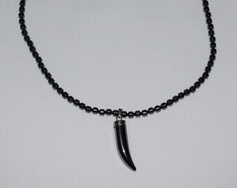 16" Hematite bead Necklace with Hematite Horn Pendant and Lobster Claw clasp