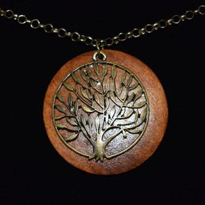 18&quot; Necklace with dual Pendant - A wood disc behind a bronze colored tree, and a lobster claw clasp. The color combo is gorgeous!
