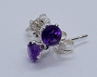 Round Faceted Sterling Silver Amethyst Studs