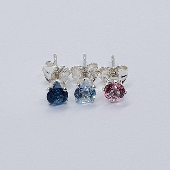 Round Faceted Sterling Silver London Blue / Sky Blue / Pink Topaz Studs