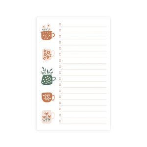 May include: A white printable checklist with a floral design. The checklist has five sections with a mug and floral design in each section. Each section has a circle for ticking off items and lines for writing.