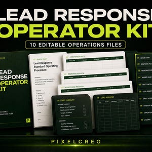 May include: A Lead Response Operator Kit featuring a black binder and ten editable operations files. The documents include a standard operating procedure, response policy, response scripts, missed lead recovery, test checklist, and lead register.
