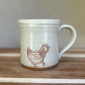 Hand-Carved Chicken Mug: Handmade Stoneware Pottery, 12oz