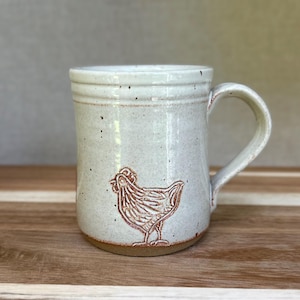 Hand-Carved Chicken Mug: Handmade Stoneware Pottery, 12oz