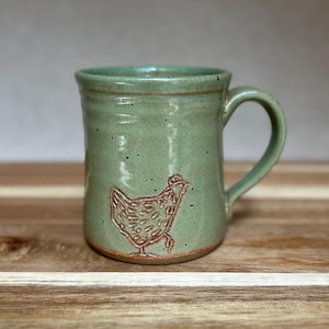 Hand-Carved Chicken Mug: Handmade Stoneware Pottery, 12oz