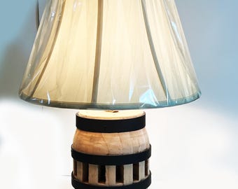 Lamp made using Amish Wooden Wagon Wheel Hub 21 " tall X 14" wide (base of shade) price includes FREE Shipping.