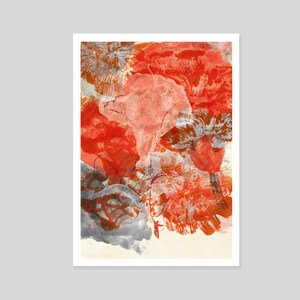 May include: Abstract painting featuring red, orange, and grey brushstrokes. The painting has a textured, layered appearance, with the colours blending together.