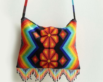 Ethnic beaded crossover, handmade Huichol bag, loom beaded crossover bag, indigenous made bag, Wixarica purse, Beaded bag, handmade product