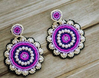 Indigenous Flower Beaded Earrings, Tribal Boho Jewelry, Ethnic Handmade Design, Colorful Artisan Gift