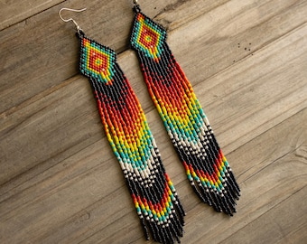 Extra long beaded earrings, Indigenous accessory, Delica beads, Huichol design
