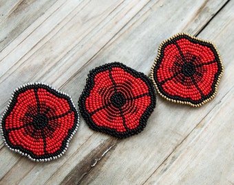 Beaded poppy brooch, remembrance day poppy brooch, indigenous made, Wikarika beaded art, beaded poppy, handmade poppy, beaded poppy pin