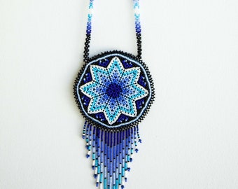 Native American Medicine necklace, beaded pouch, Indigenous necklace, Huichol tribal beaded necklace, handmade Wixarika necklace, beaded art