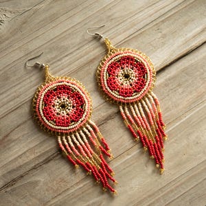 Ethnic hand beaded earrings, medicine wheel earrings, ethnic earrings, fringe earrings, boho style, Huichol beaded earrings, Bohemian style