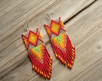 Handmade Huichol Beaded Dangle Earrings, Colorful Boho Design, Indigenous product, genuine beading accessory