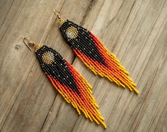 Sun Moon beaded Earrings, indigenous long earrings, handmade earrings, Long Fringe Earrings, Moon Phase Boho Earrings, Indigenous product