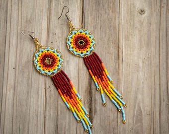 Beaded Dreamcatcher Earrings, Handmade Indigenous Jewelry, Tribal Boho long Dangles, Colorful Artisan Design