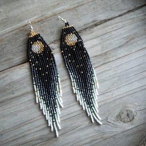 Sun Moon long beaded Earrings, Indigenous product, handmade, Moon Phase accessory, Huichol beading art