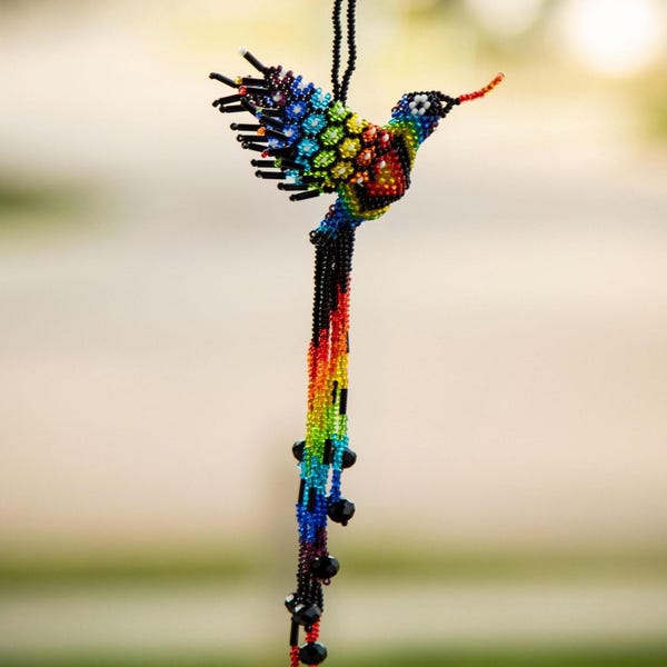 Beaded Hummingbird Keychain Ornament, Huichol Indigenous Art, Ethnic Handmade Decoration, Healing Beadwork, Car accessory