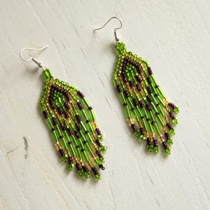 Ethnic hand beaded earrings, beaded ethnic earrings, Huichol art, indigenous made, handmade earrings, fringe long earrings, mexican earrings