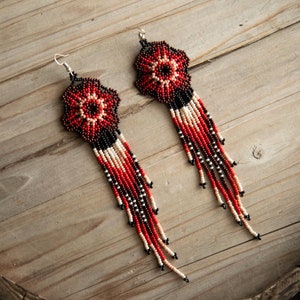 Red and Gold long fringe earrings * Handmade Tribal beaded earrings * Gypsy jewelry * Boho GIFT 2024 for Her * Hippie earrings * High Quality