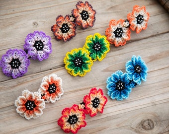 Ethnic hand beaded barrettes, Indigenous hair clips, Genuine Huichol accessory, Wixarika beaded product, handmade
