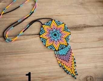 Native American beaded necklace, ethnic pendant, Indigenous necklace, Huichol tribal necklace, handmade Wixarika necklace, Valentine gift