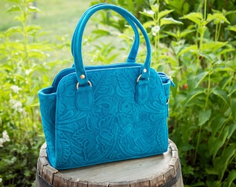 Handmade ethnic leather purse, genuine leather bag, Mexican crossover, boho crossover leather bag, carved leather purse,  Suede crossover